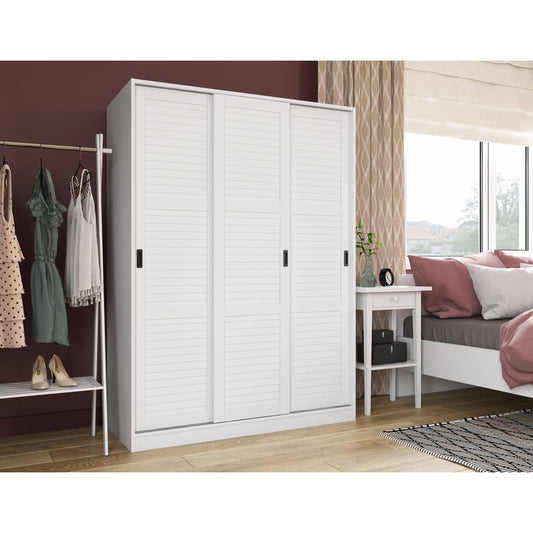 100% Solid Wood 3-Sliding Door Wardrobe, White - Palace Imports 5671