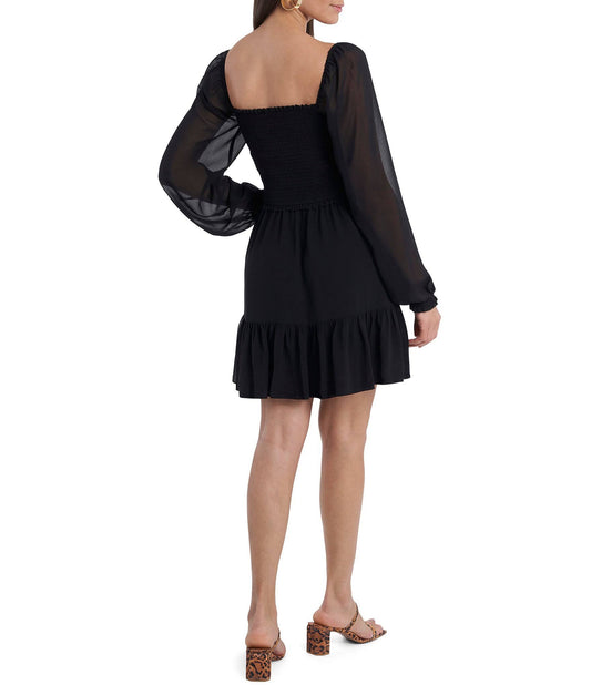 1.State Women s Smocked Ruffle Hem Long Sleeve Dress - Rich Black - Size L